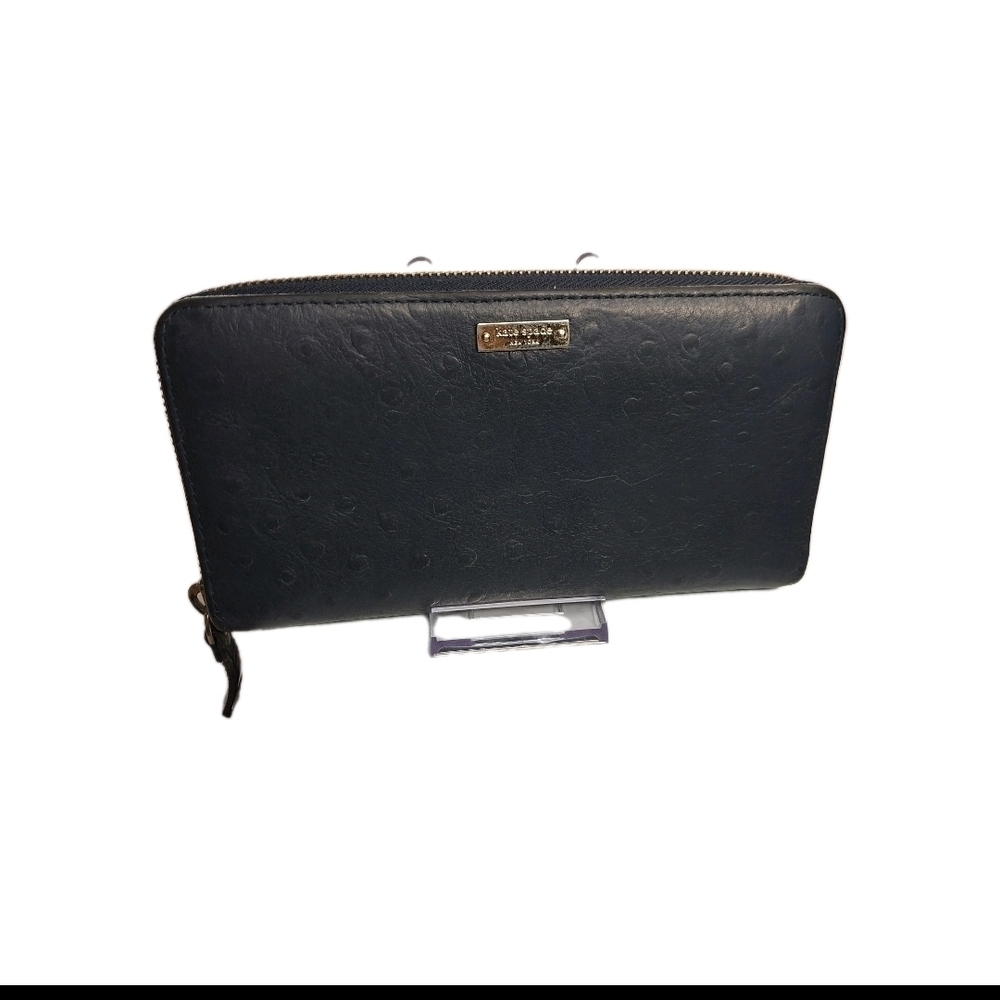 Kate Spade Stacy Ostrich Embossed  Navy Leather Zip-Around Wallet